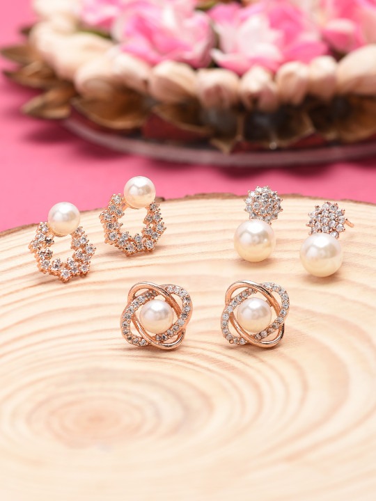 Zaveri Pearls Pack of 3 Gold-Toned Contemporary Studs - Image 5